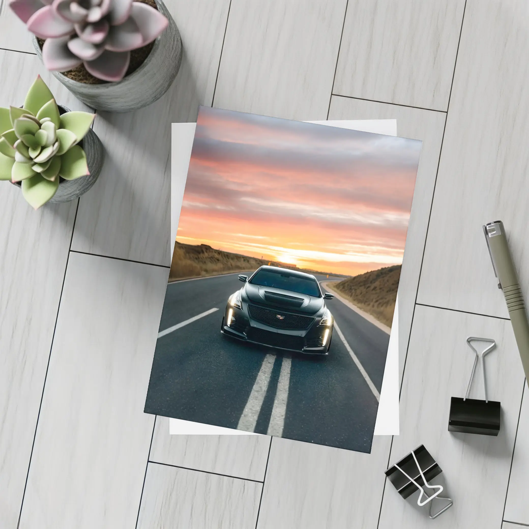 Cadillac CTS Black Car Sunset Road – Postcards