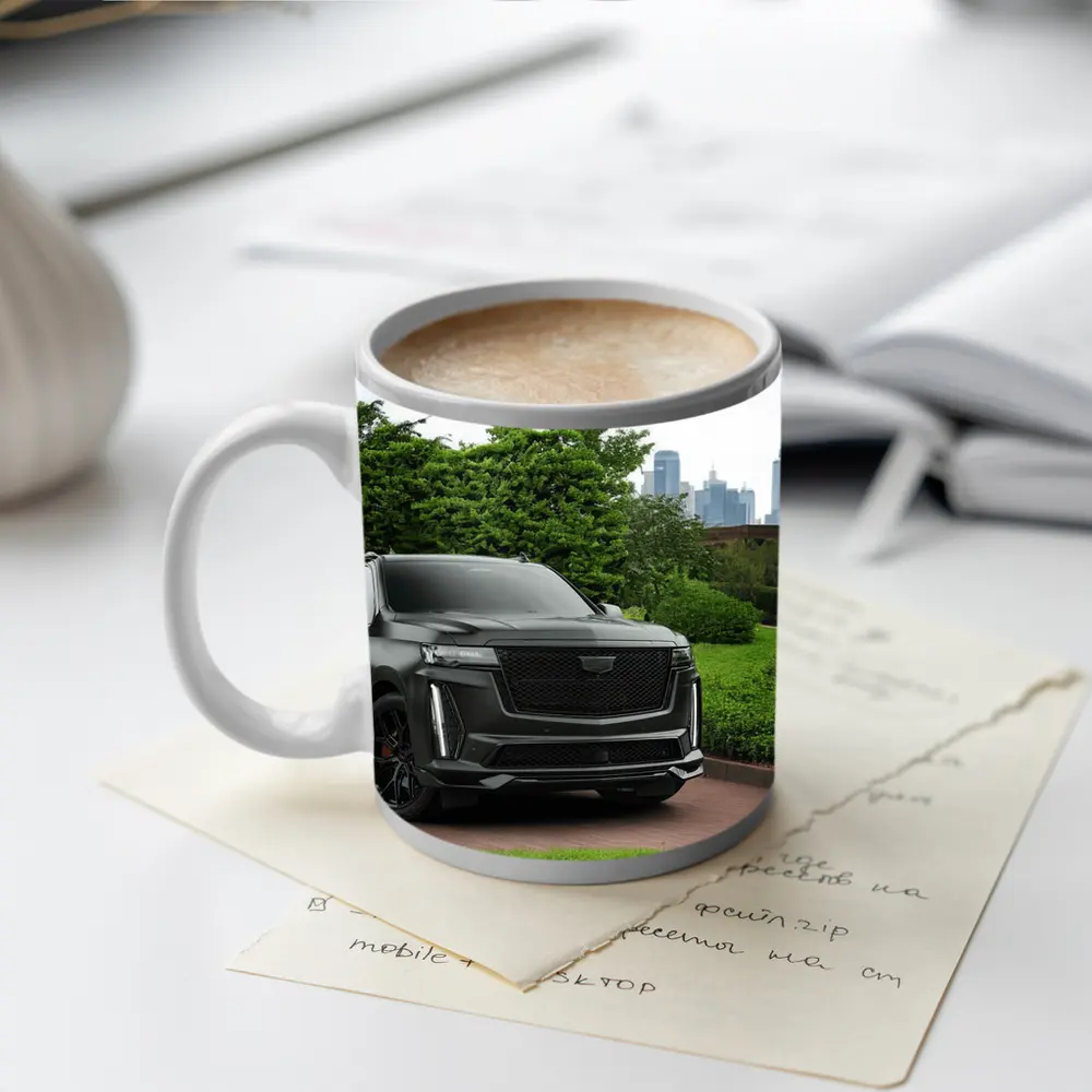 Cadillac Escalade Black SUV City Background – Mugs