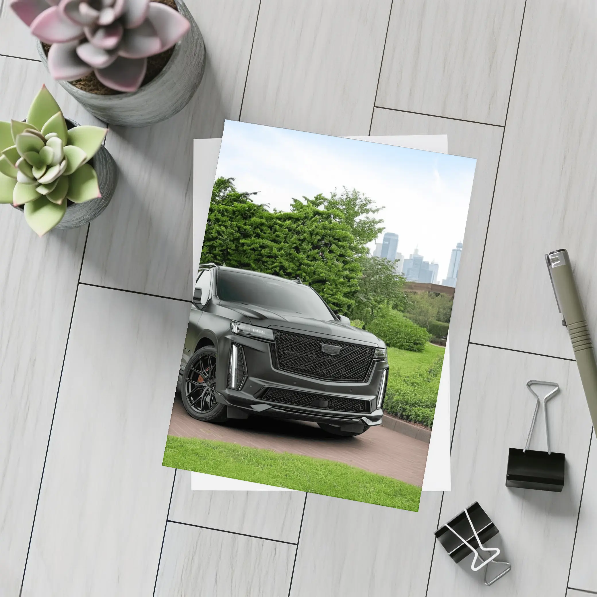 Cadillac Escalade Black SUV City Background – Postcards