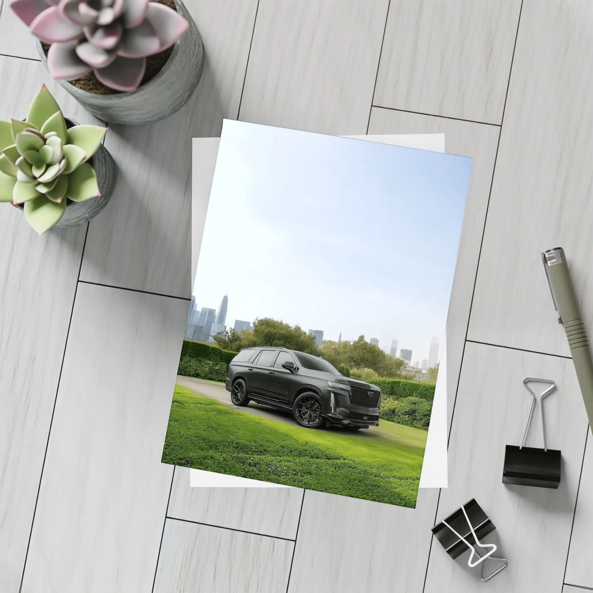 Cadillac Escalade Black SUV City Skyline – Postcards