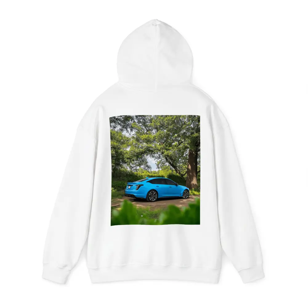 Cadillac CT5 Blue Parked Forest Setting – Hoodies