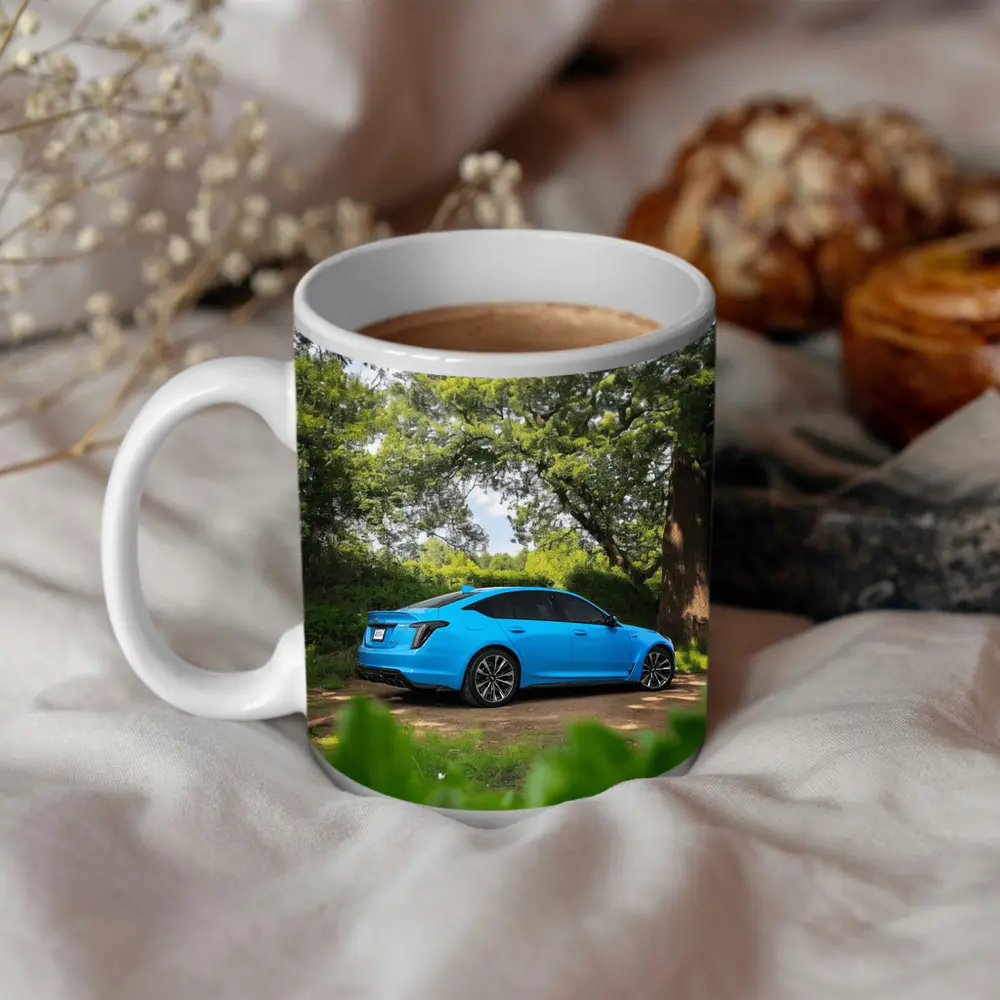 Cadillac CT5 Blue Parked Forest Setting – Mugs