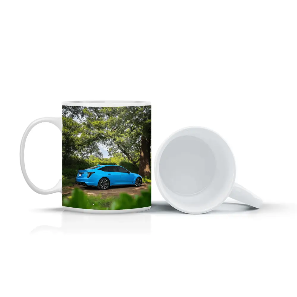 Cadillac CT5 Blue Parked Forest Setting – Mugs