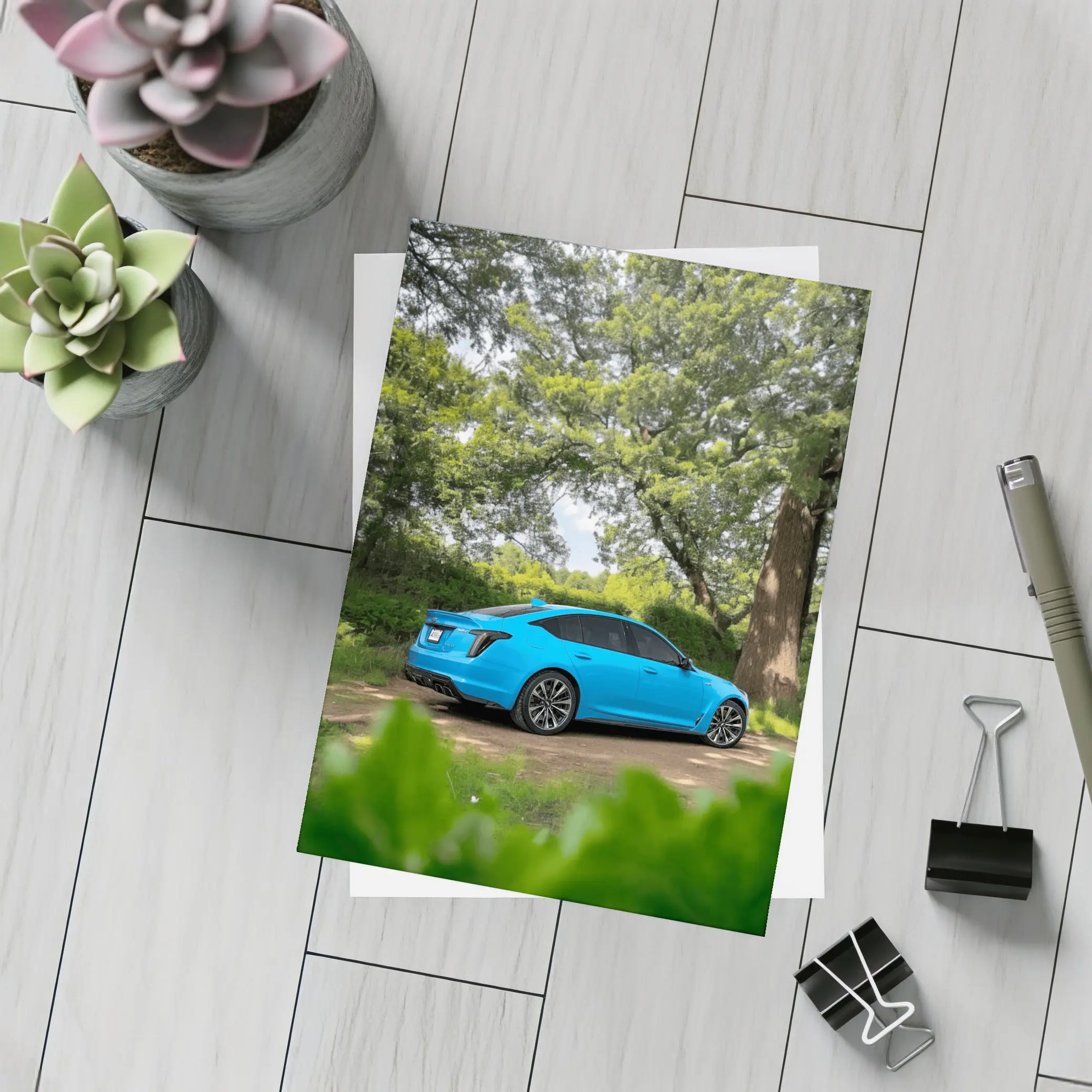 Cadillac CT5 Blue Parked Forest Setting – Postcards