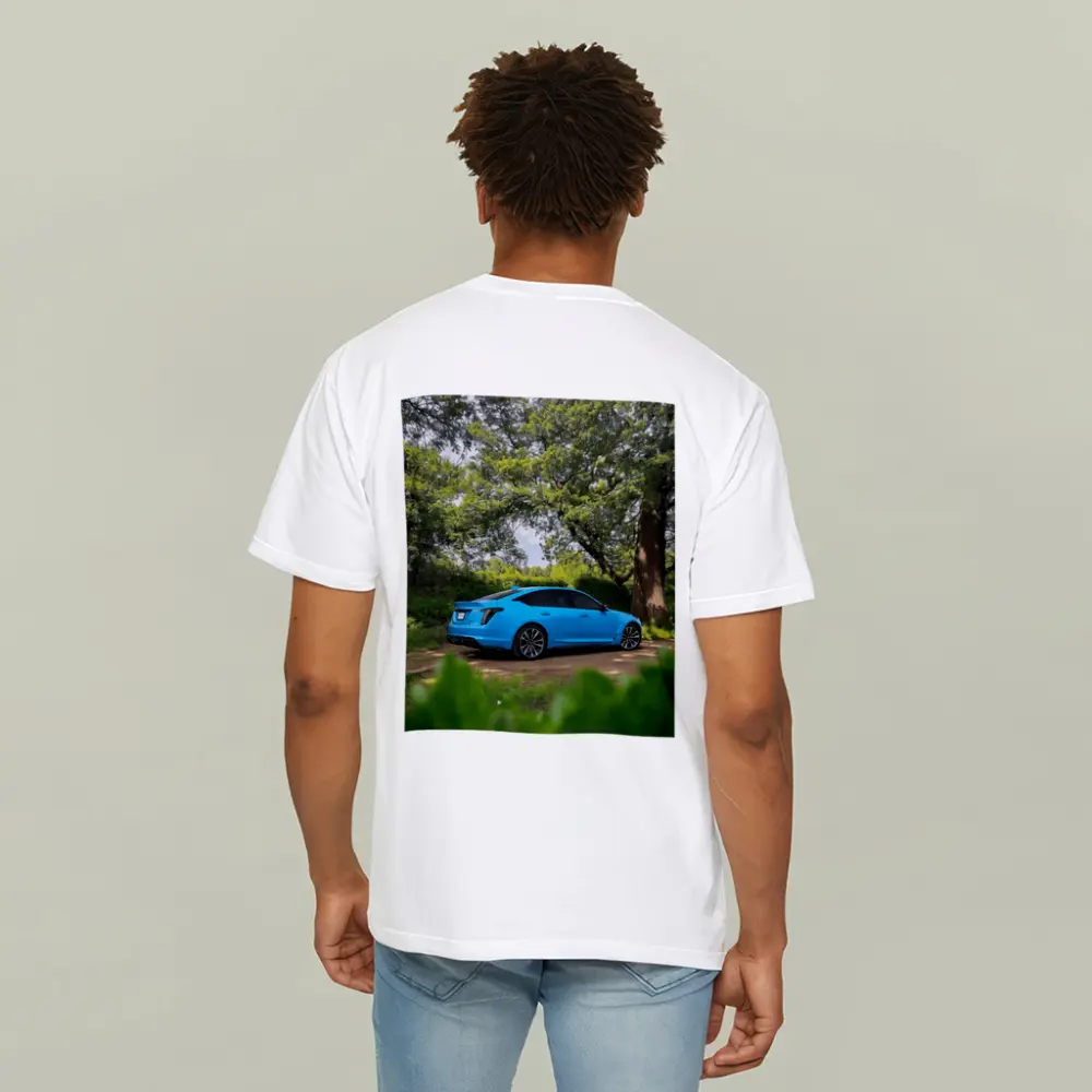 Cadillac CT5 Blue Parked Forest Setting – T-Shirts