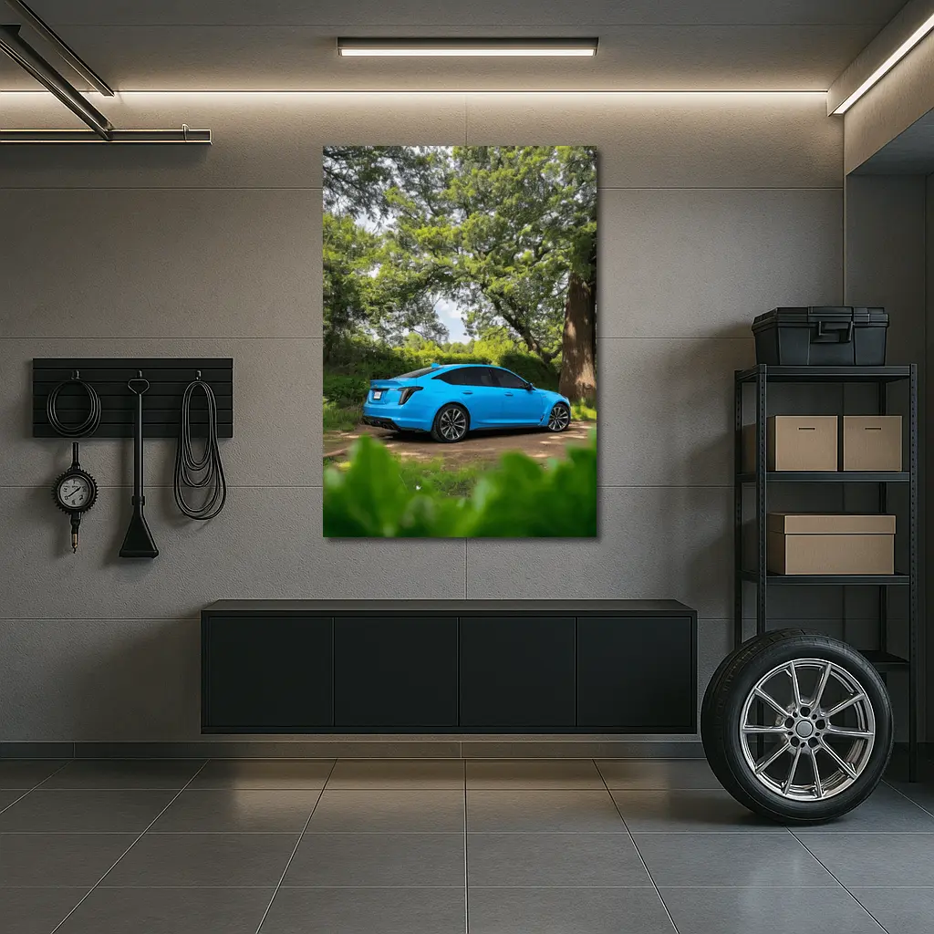 Cadillac CT5 Blue Parked Forest Setting – Wall Art