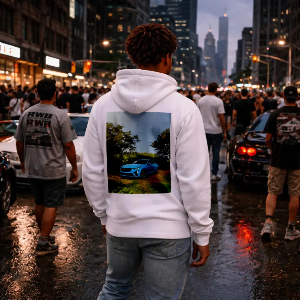 Cadillac CT5 Blue Sedan Forest Setting – Hoodies