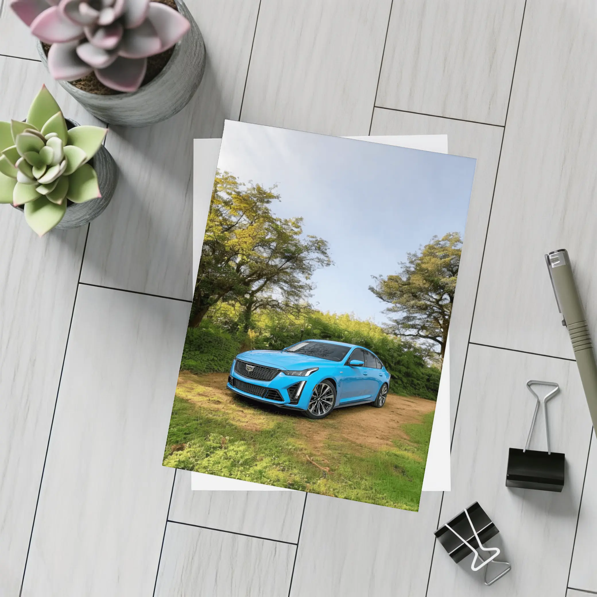 Cadillac CT5 Blue Sedan Forest Setting – Postcards