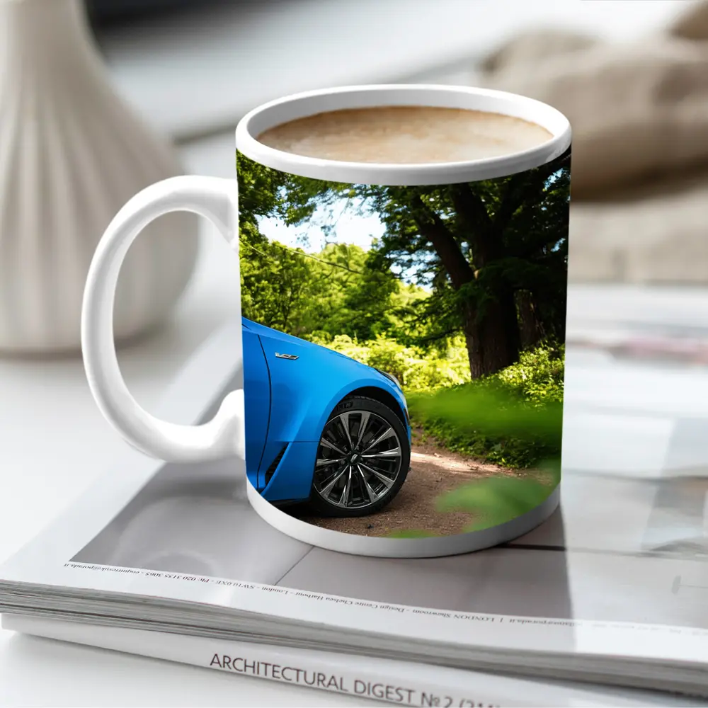 Cadillac CT5 Blue Car Forest Road – Mugs
