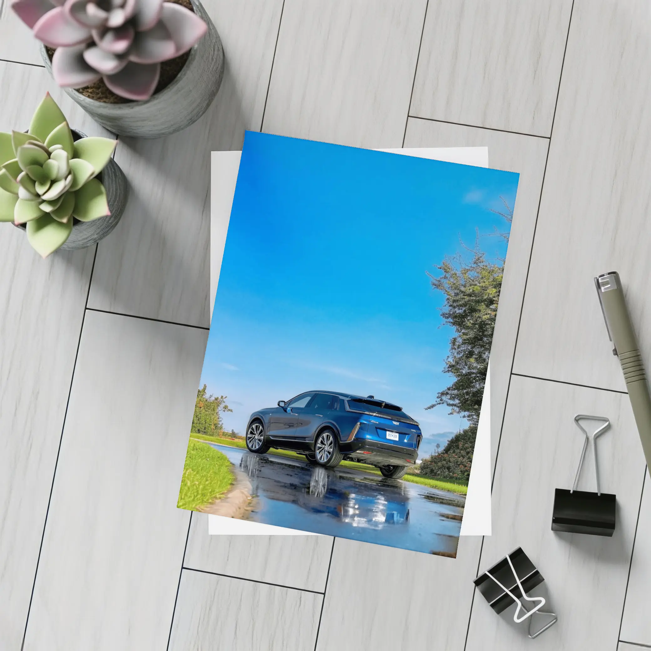 Cadillac IQ Blue SUV Wet Road – Postcards