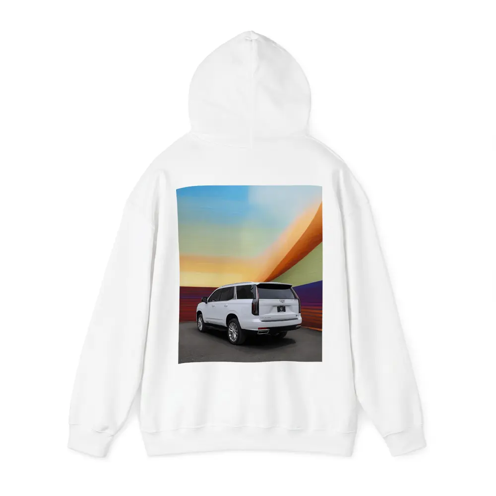 Cadillac Escalade White Against Colorful Wall – Hoodies