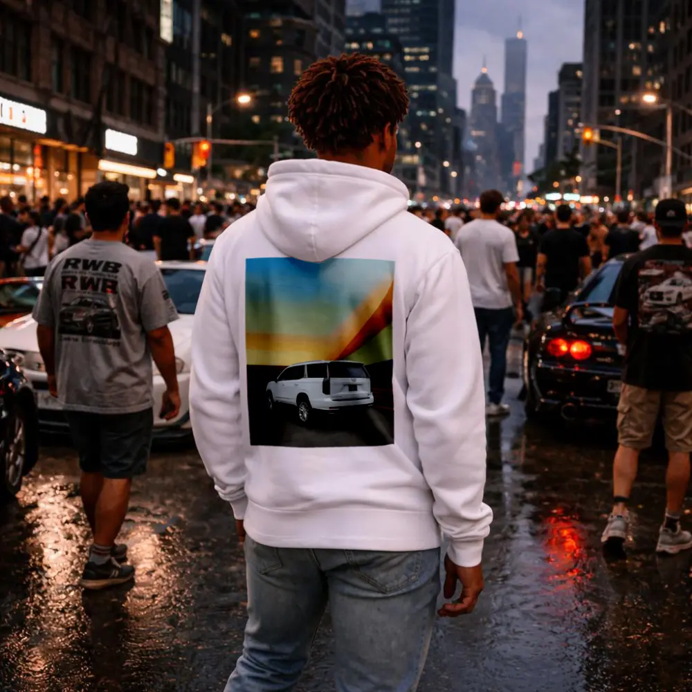 Cadillac Escalade White Against Colorful Wall – Hoodies
