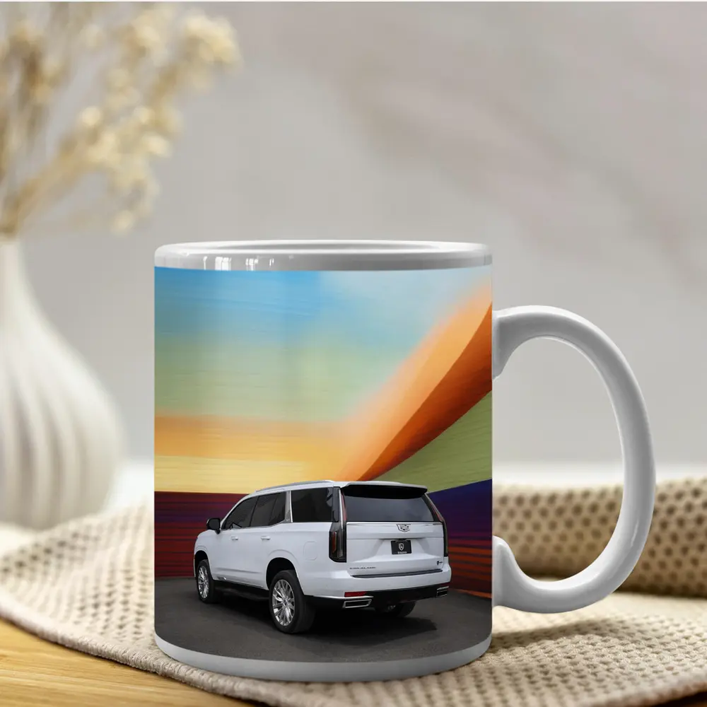 Cadillac Escalade White Against Colorful Wall – Mugs