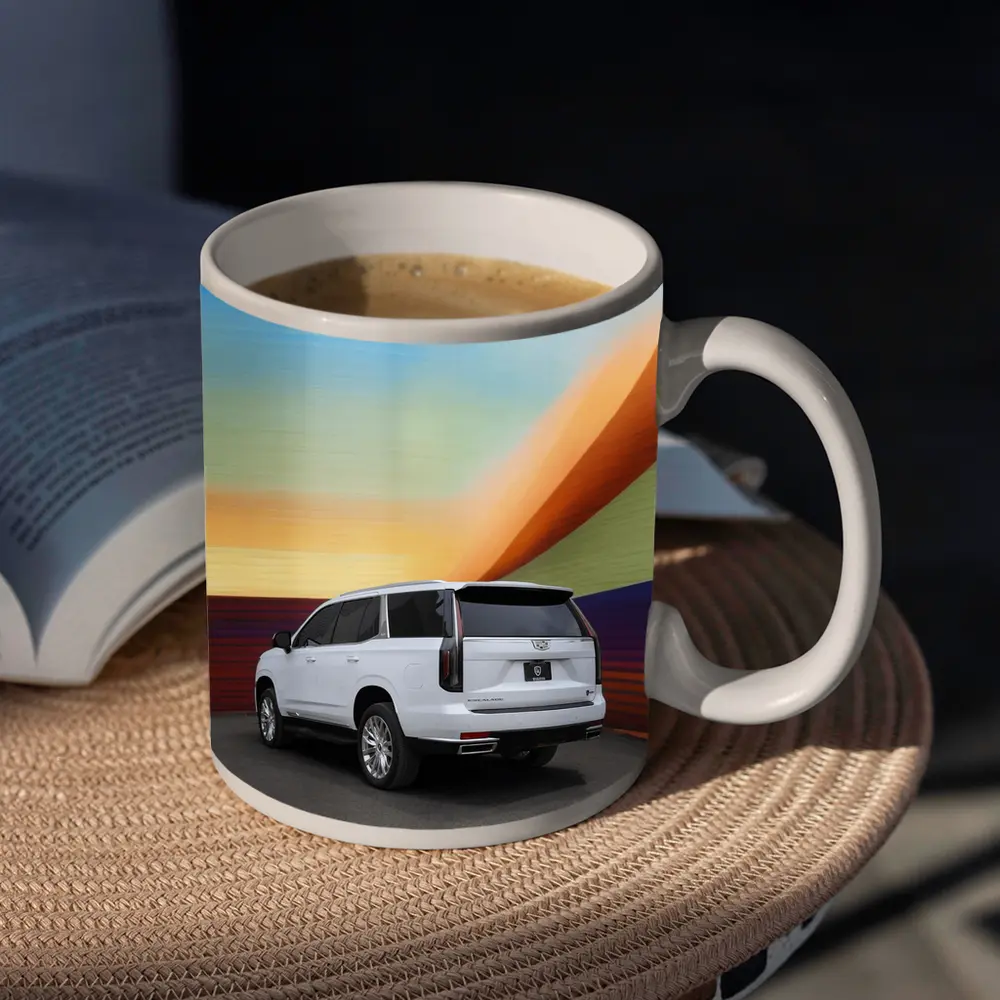 Cadillac Escalade White Against Colorful Wall – Mugs