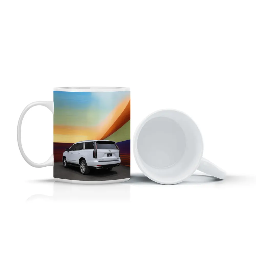 Cadillac Escalade White Against Colorful Wall – Mugs