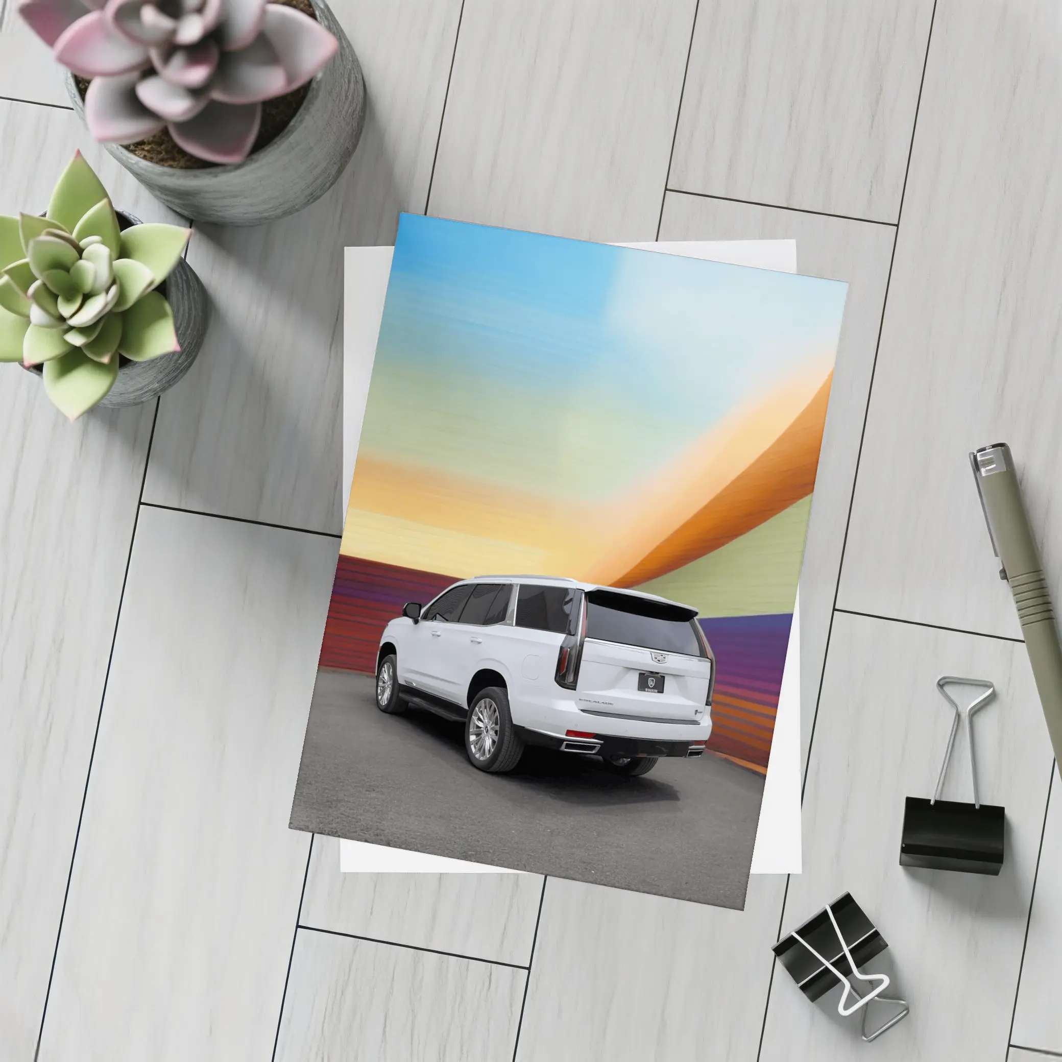 Cadillac Escalade White Against Colorful Wall – Postcards