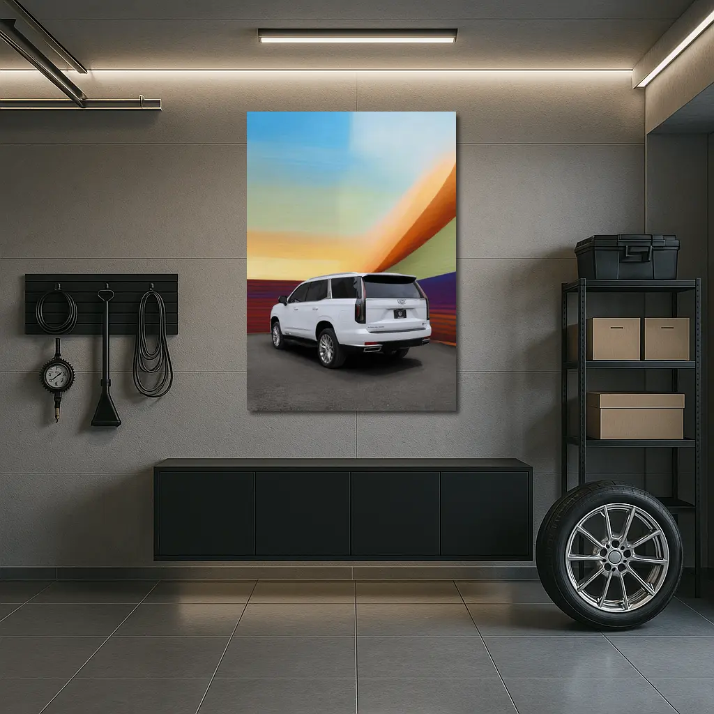 Cadillac Escalade White Against Colorful Wall – Wall Art