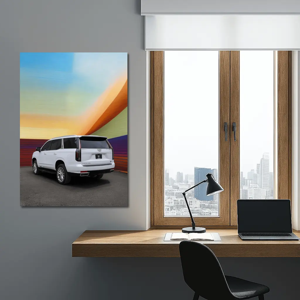Cadillac Escalade White Against Colorful Wall – Wall Art