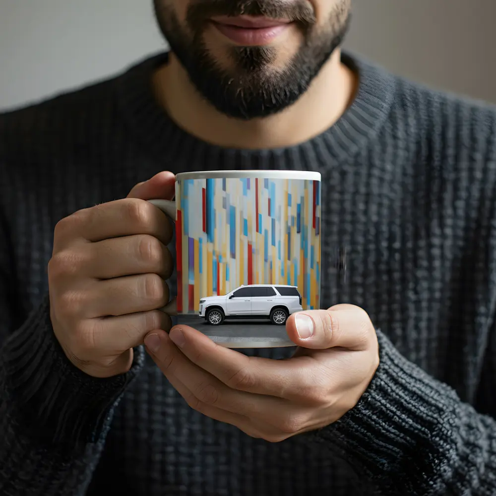 Cadillac Escalade White SUV Colorful Wall – Mugs