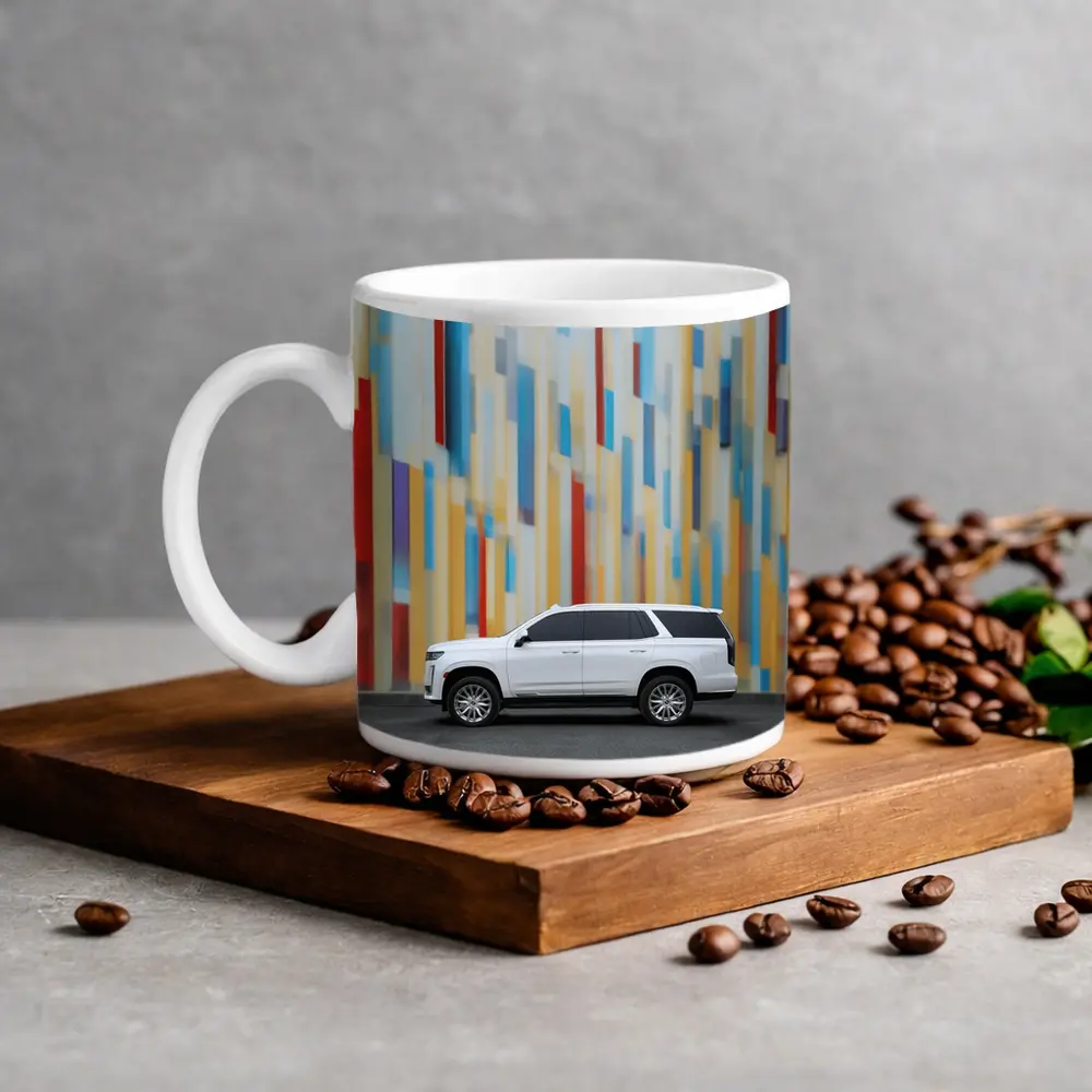 Cadillac Escalade White SUV Colorful Wall – Mugs