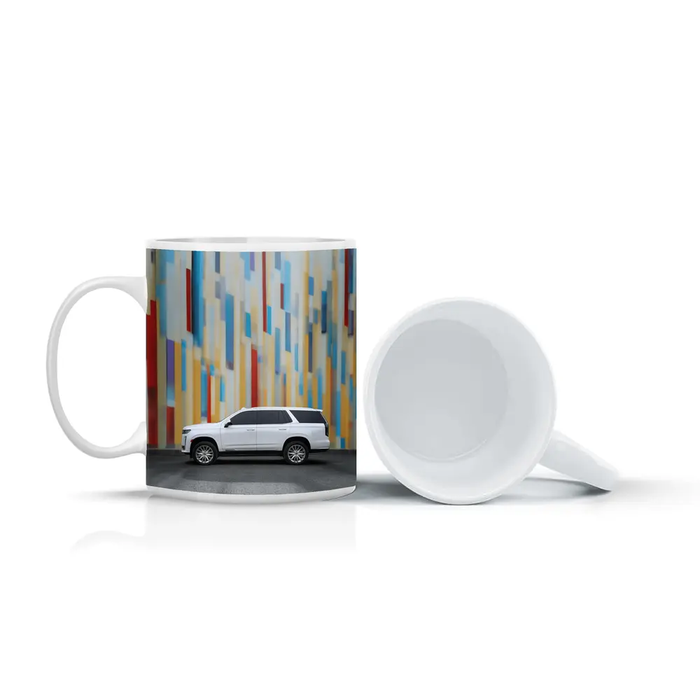 Cadillac Escalade White SUV Colorful Wall – Mugs