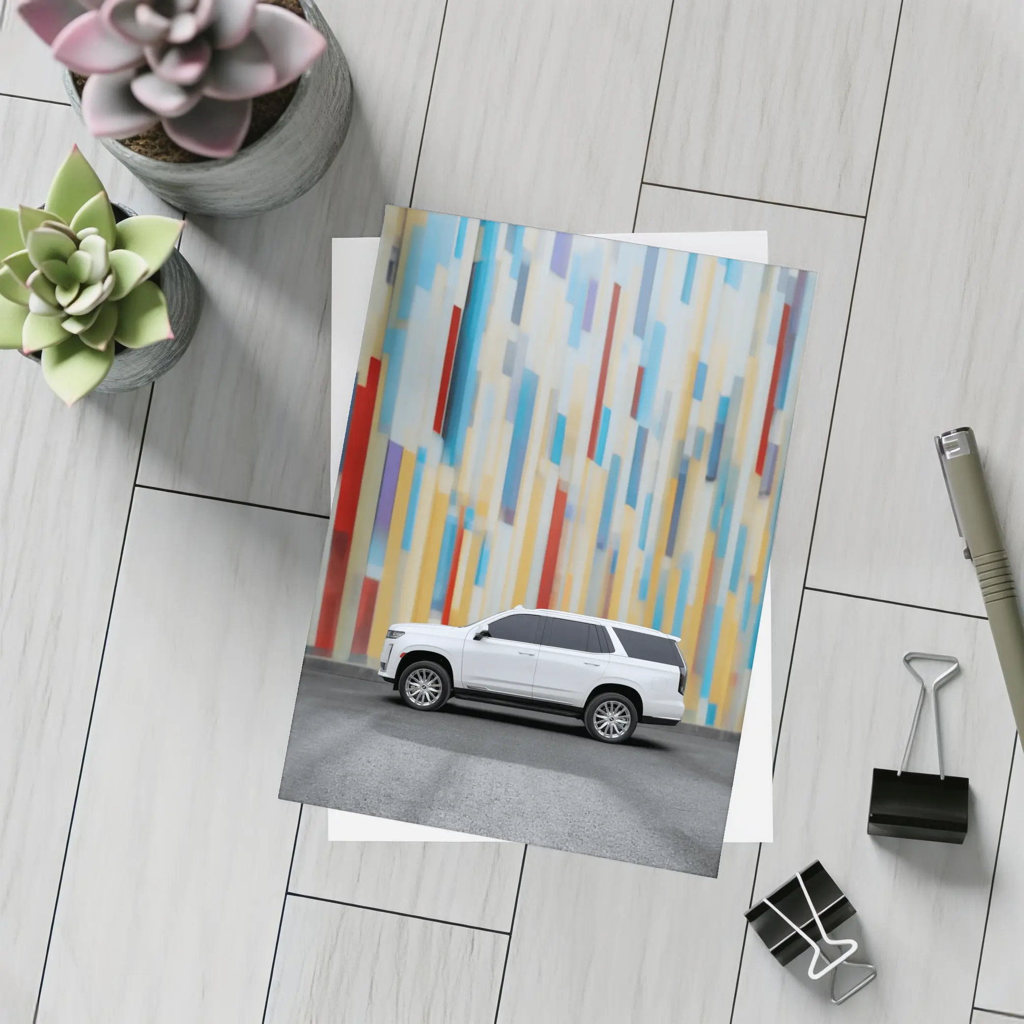 Cadillac Escalade White SUV Colorful Wall – Postcards