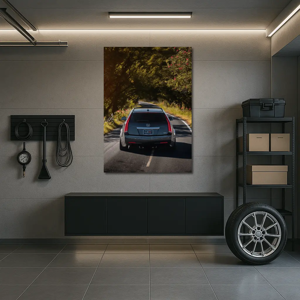 Cadillac CTS Wagon Driving Through Forest Road – Wall Art