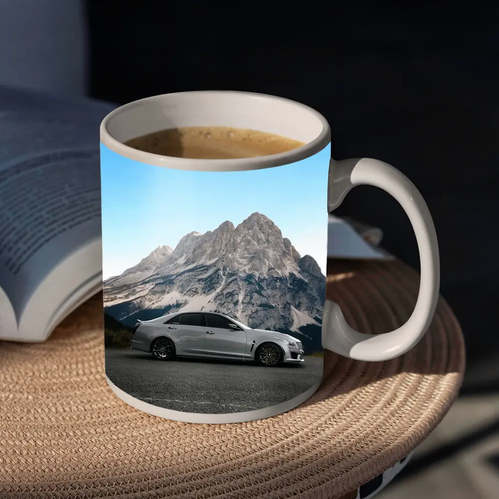 Cadillac CTS Silver Sedan Mountain Background – Mugs