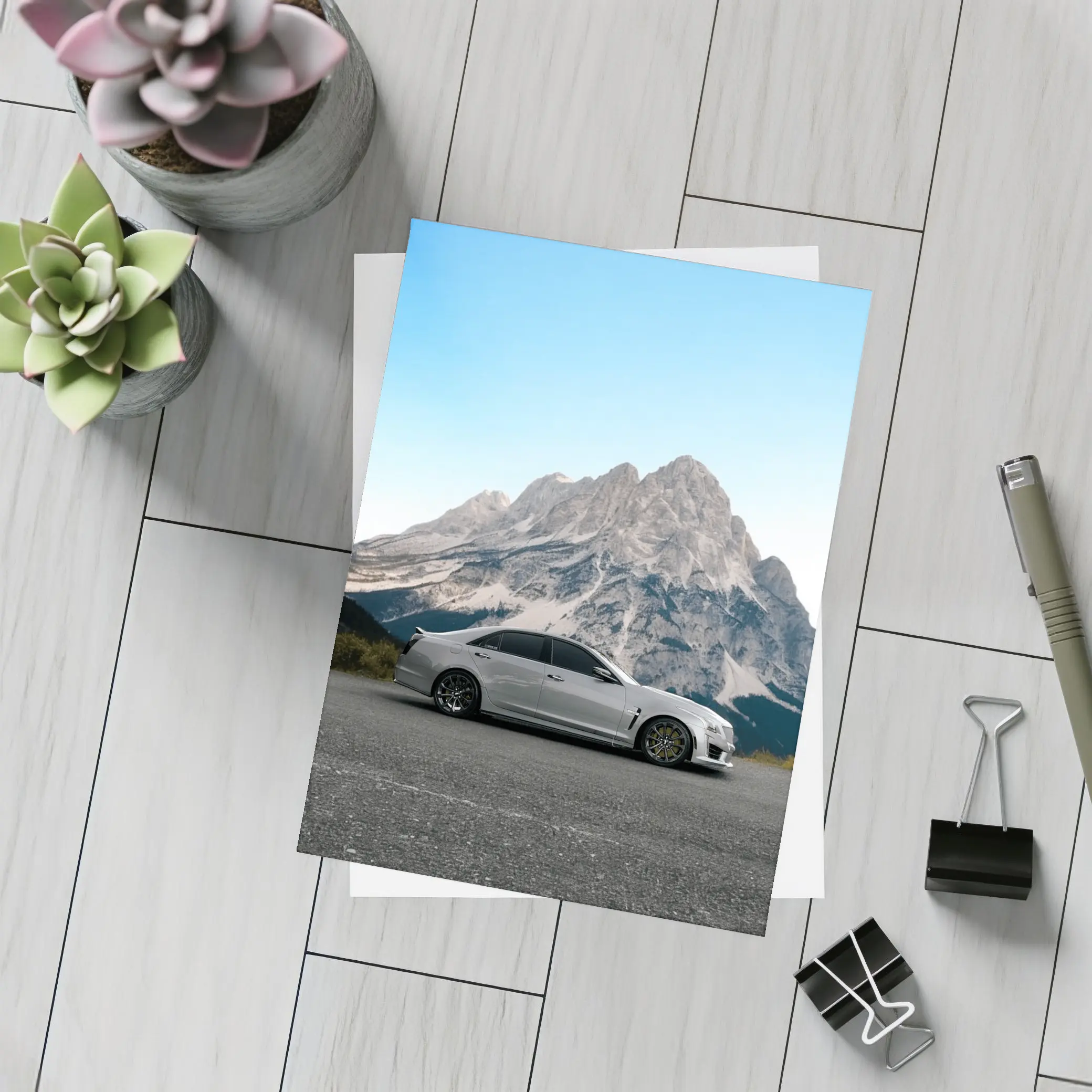 Cadillac CTS Silver Sedan Mountain Background – Postcards