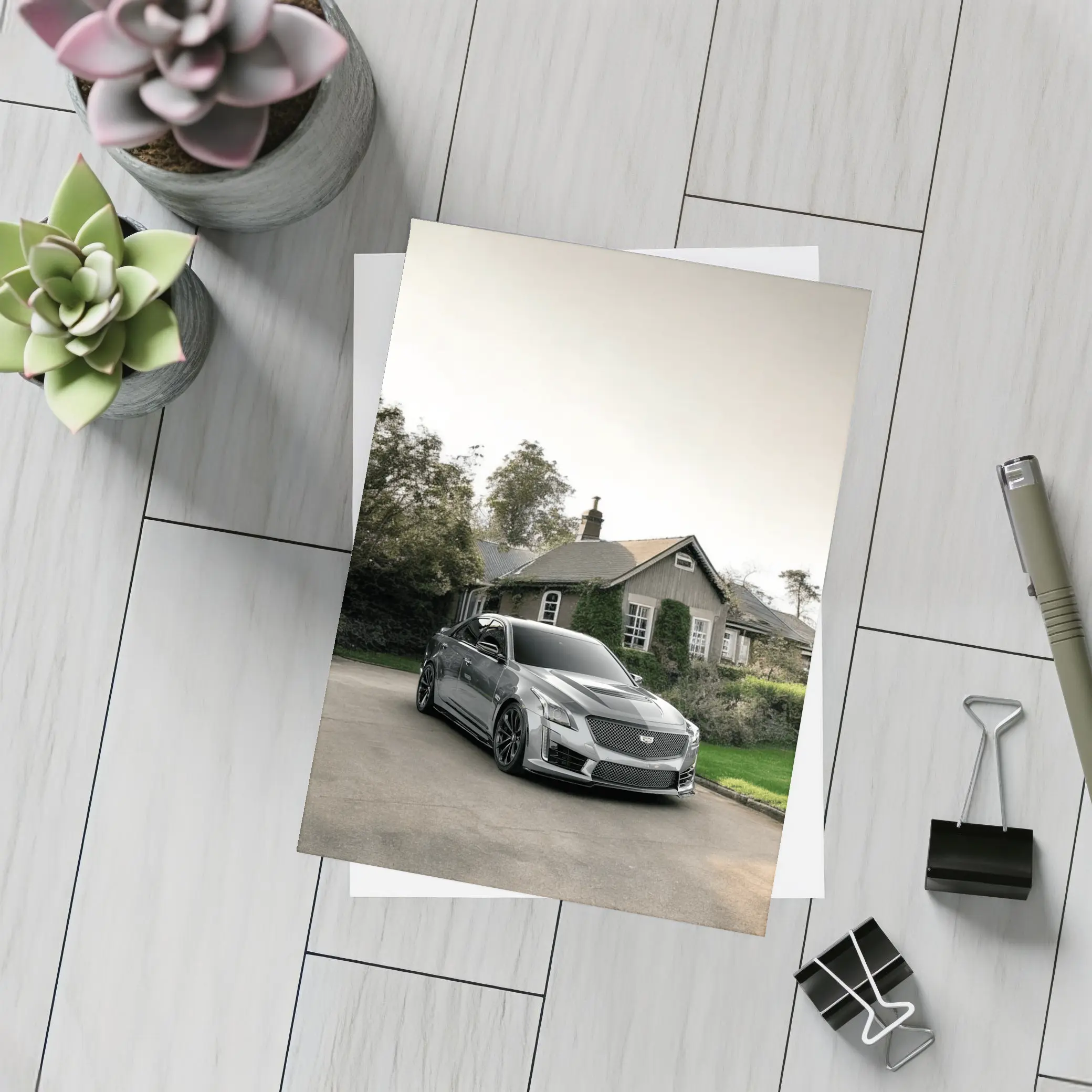 Cadillac CTS Silver Sedan Country Village Setting – Postcards