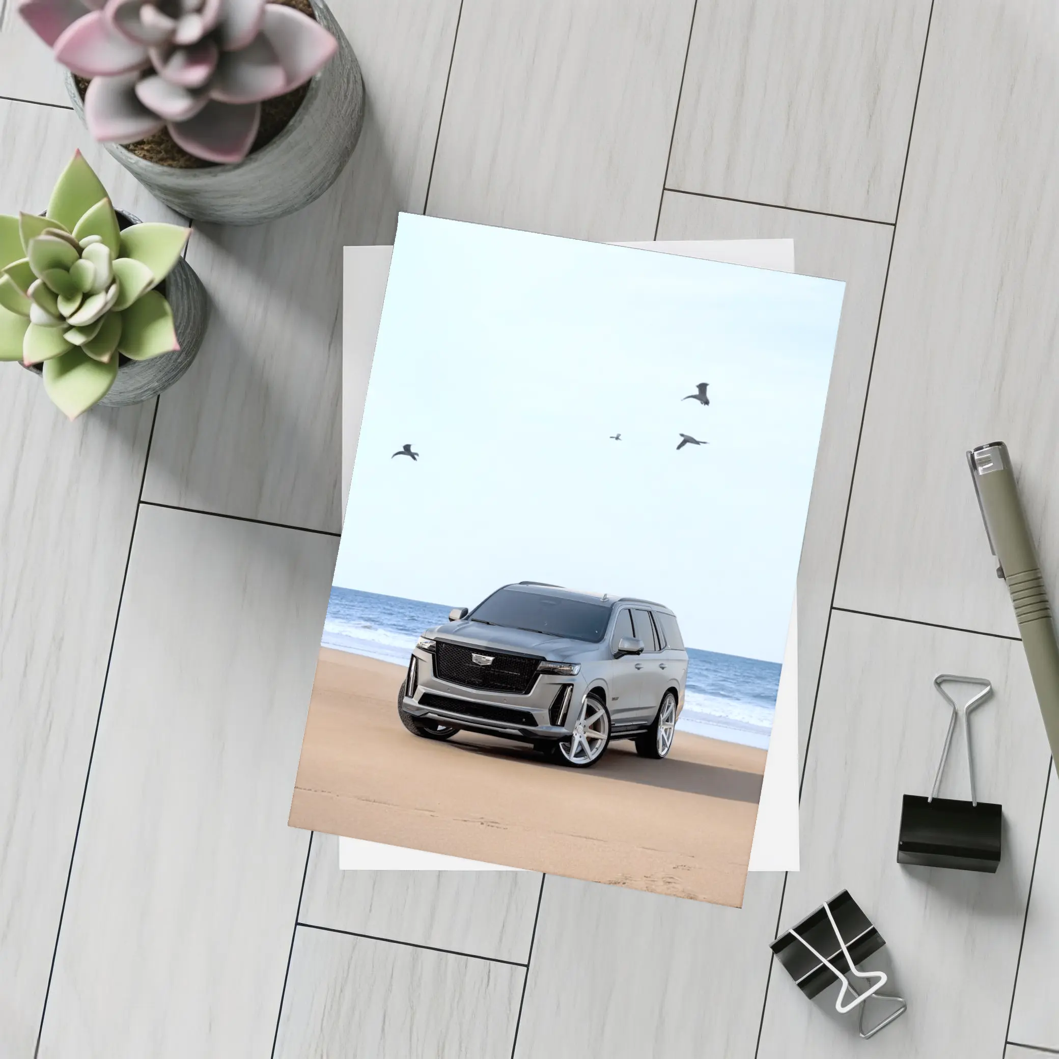 Cadillac Escalade Gray SUV Beach Shore – Postcards