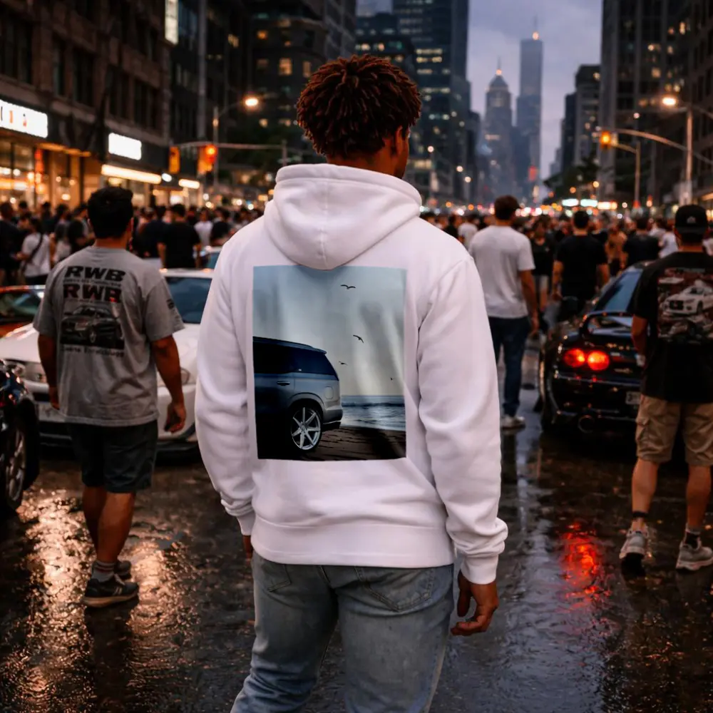 Cadillac Escalade Silver SUV Beach Scene – Hoodies