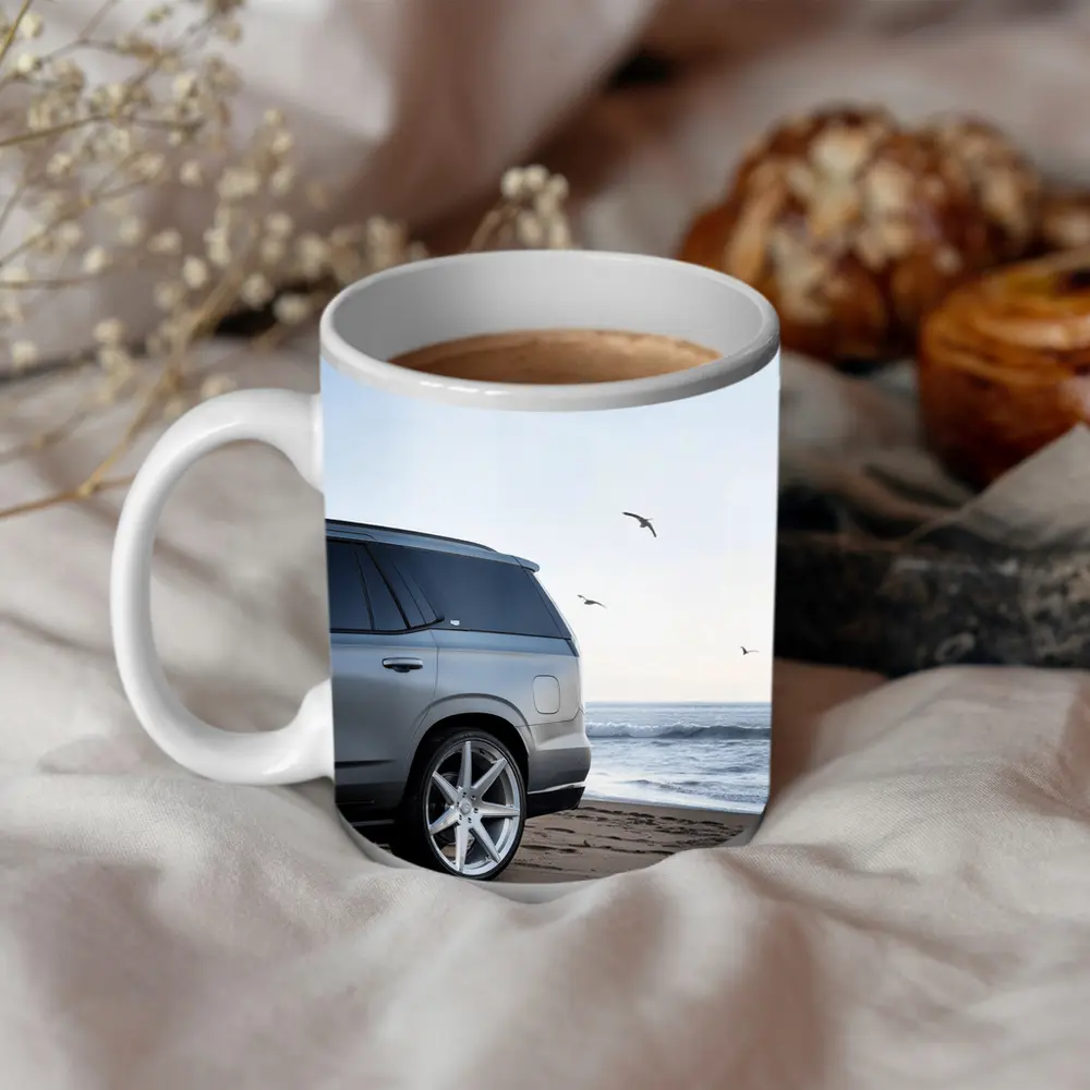Cadillac Escalade Silver SUV Beach Scene – Mugs