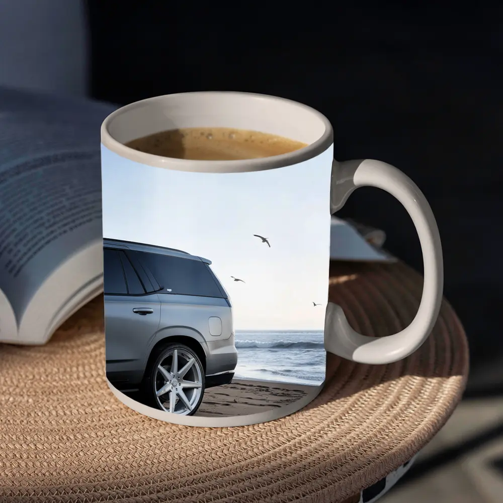Cadillac Escalade Silver SUV Beach Scene – Mugs