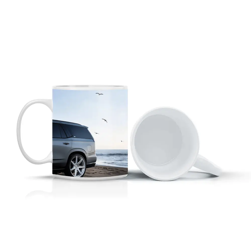 Cadillac Escalade Silver SUV Beach Scene – Mugs