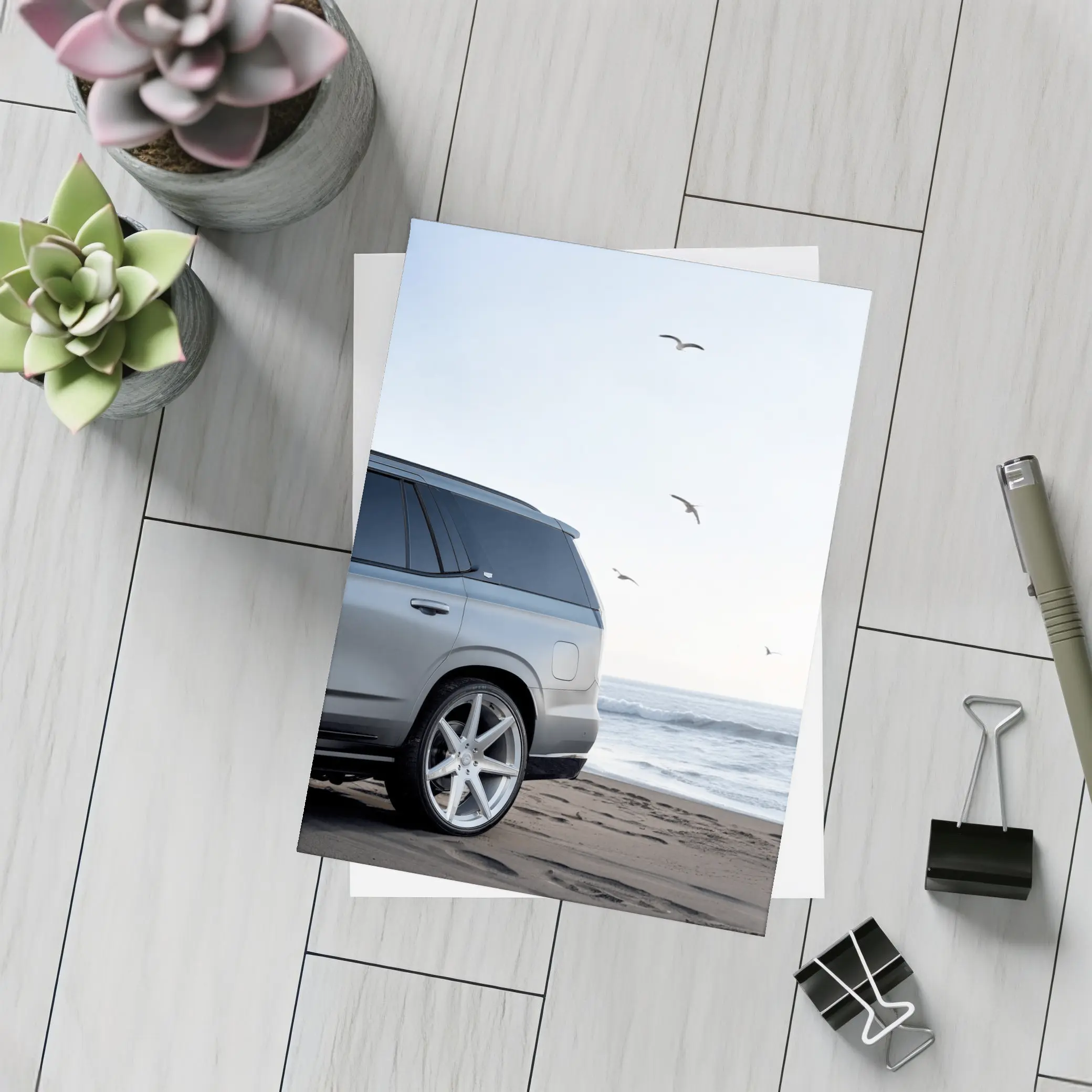 Cadillac Escalade Silver SUV Beach Scene – Postcards