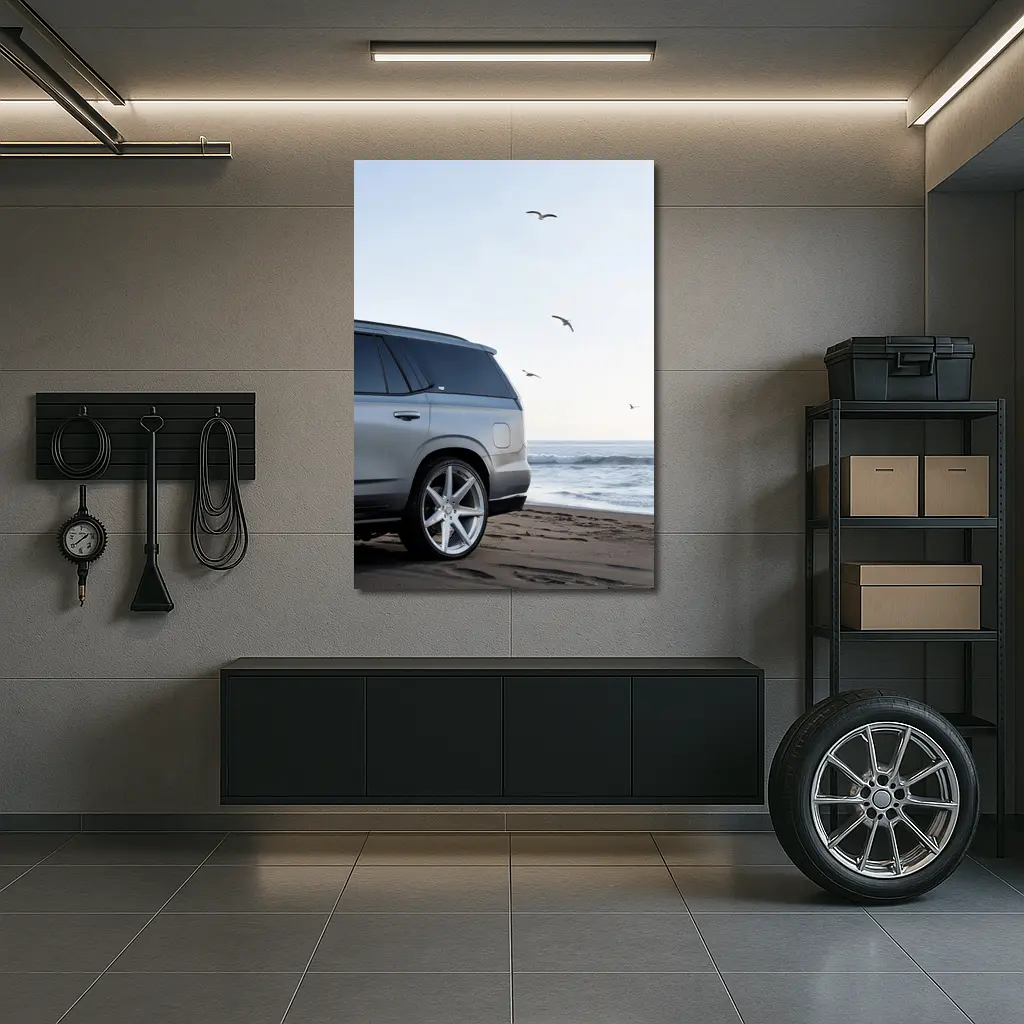 Cadillac Escalade Silver SUV Beach Scene – Wall Art