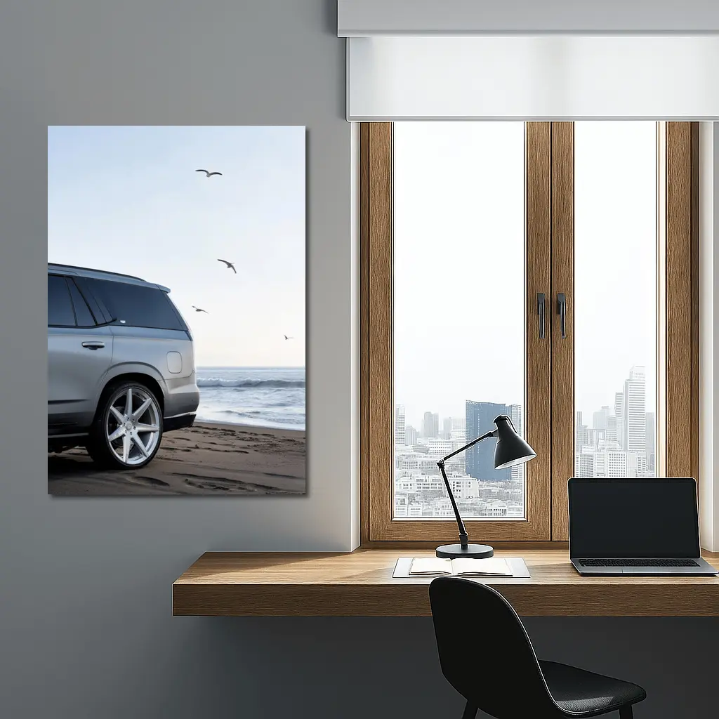 Cadillac Escalade Silver SUV Beach Scene – Wall Art