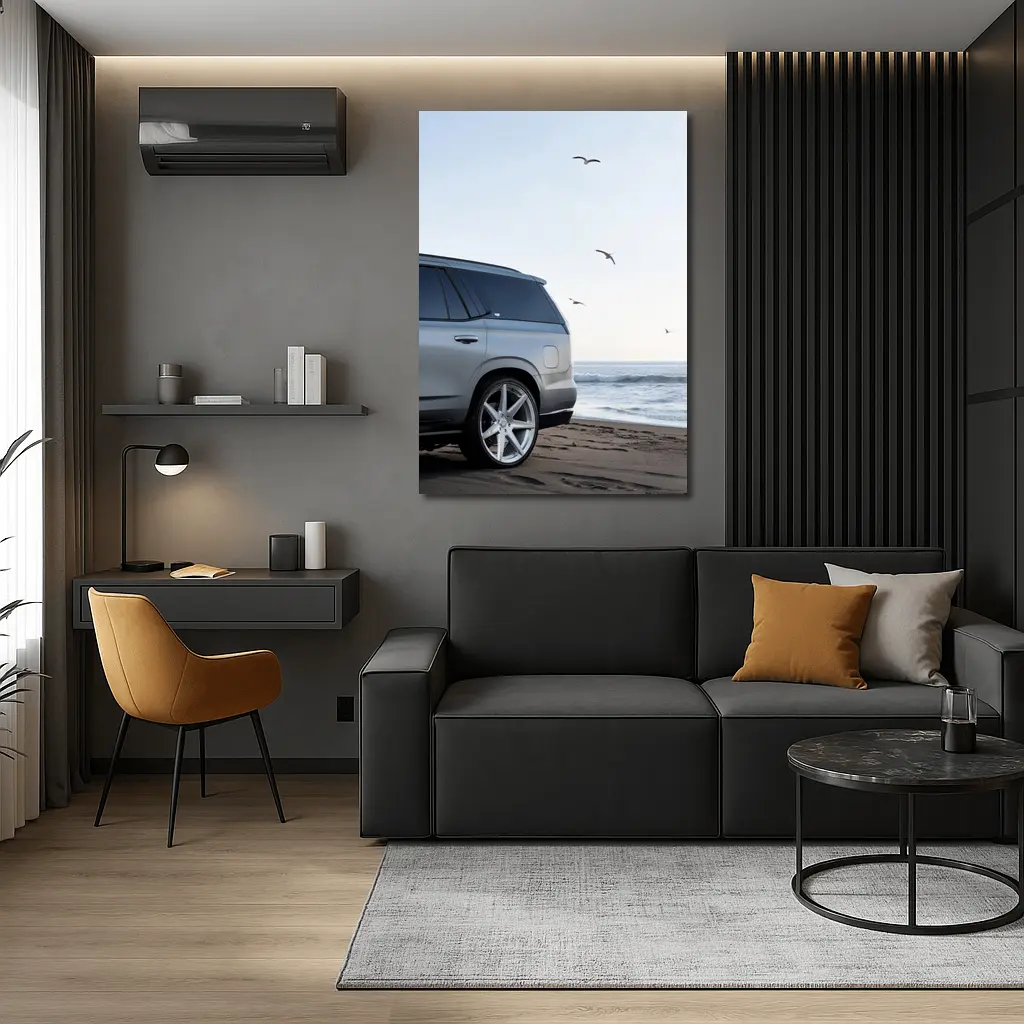 Cadillac Escalade Silver SUV Beach Scene – Wall Art