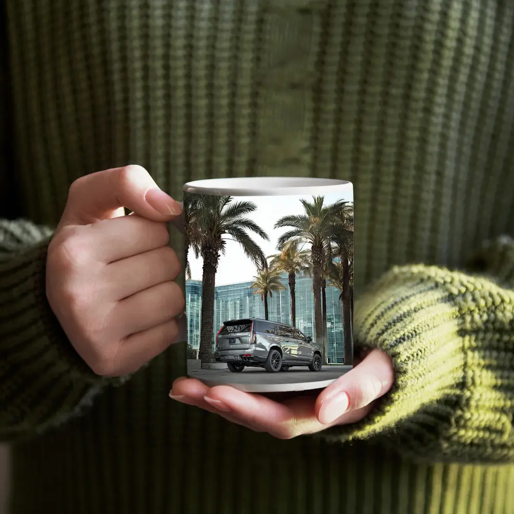 Cadillac Escalade Gray Under Palm Trees – Mugs