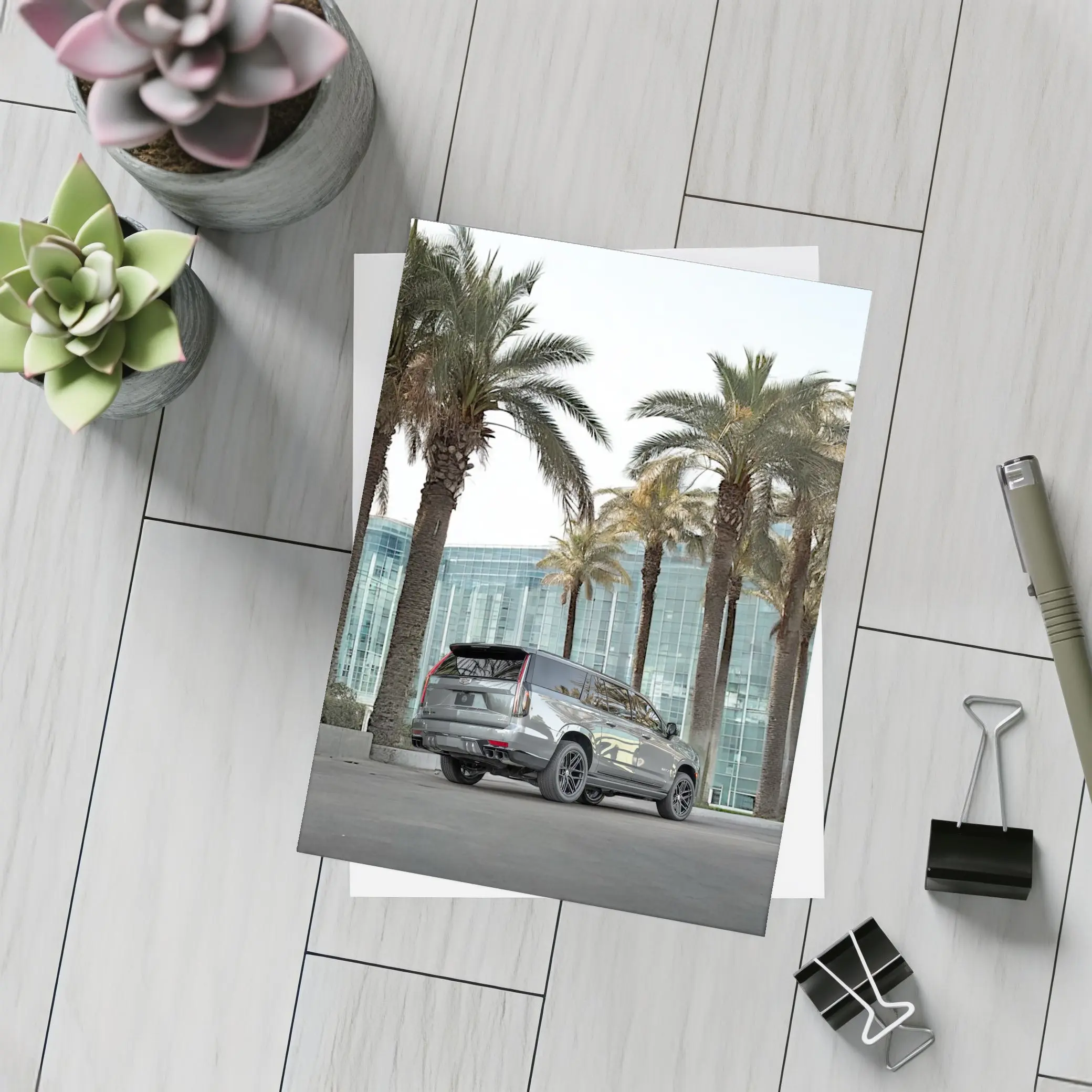Cadillac Escalade Gray Under Palm Trees – Postcards