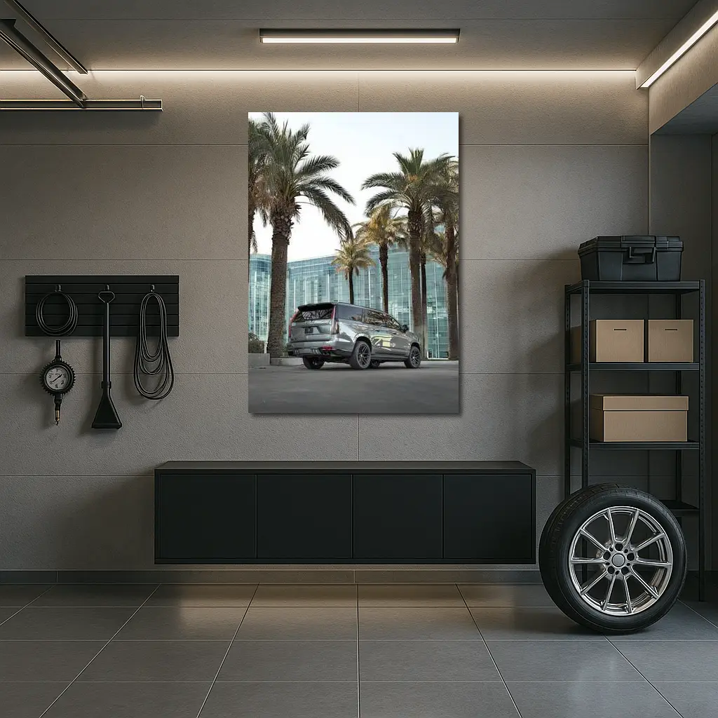 Cadillac Escalade Gray Under Palm Trees – Wall Art