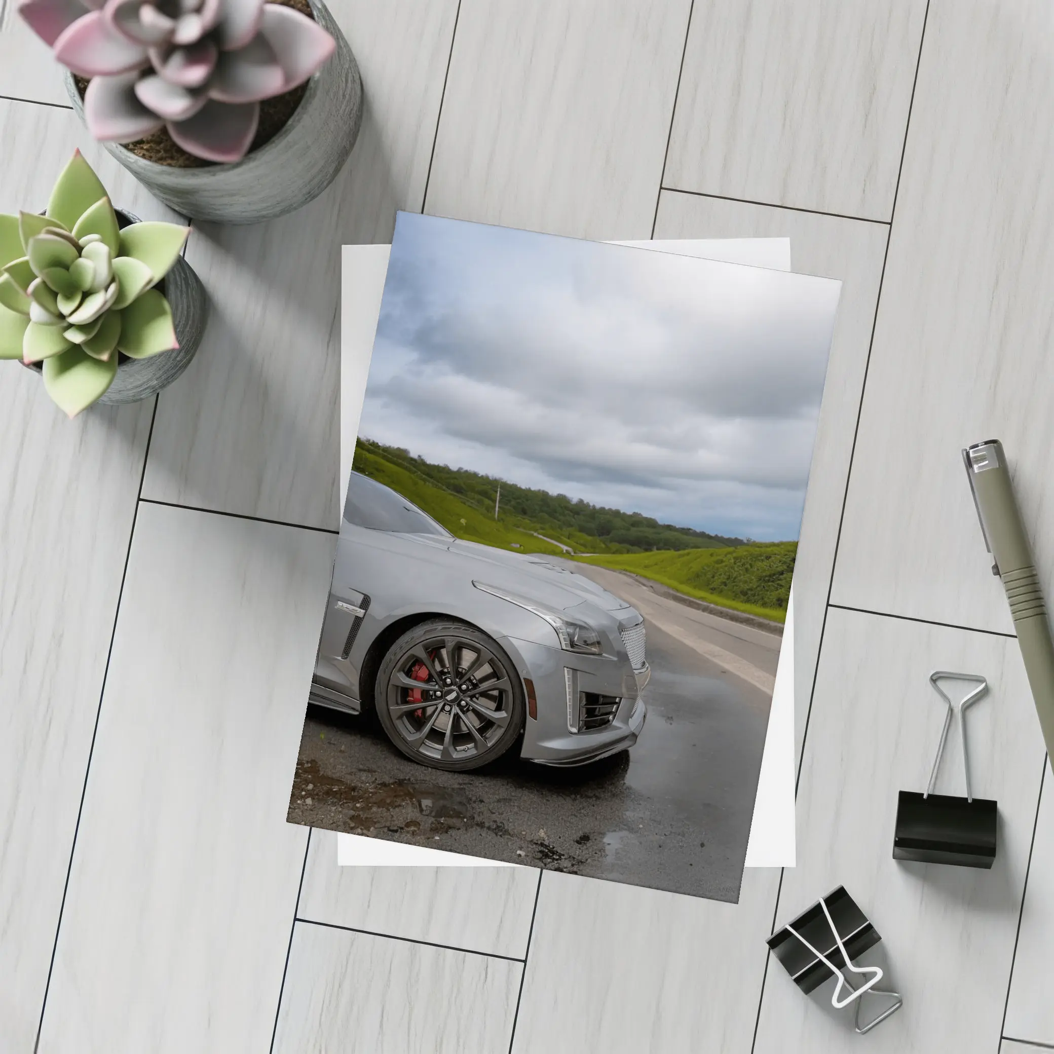 Cadillac CTS Silver Sedan Wet Road – Postcards