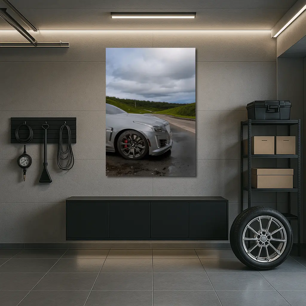 Cadillac CTS Silver Sedan Wet Road – Wall Art