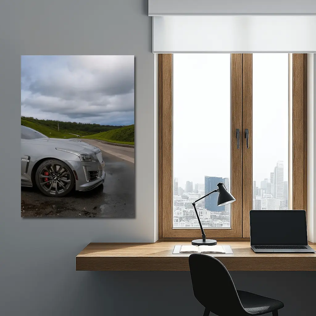 Cadillac CTS Silver Sedan Wet Road – Wall Art