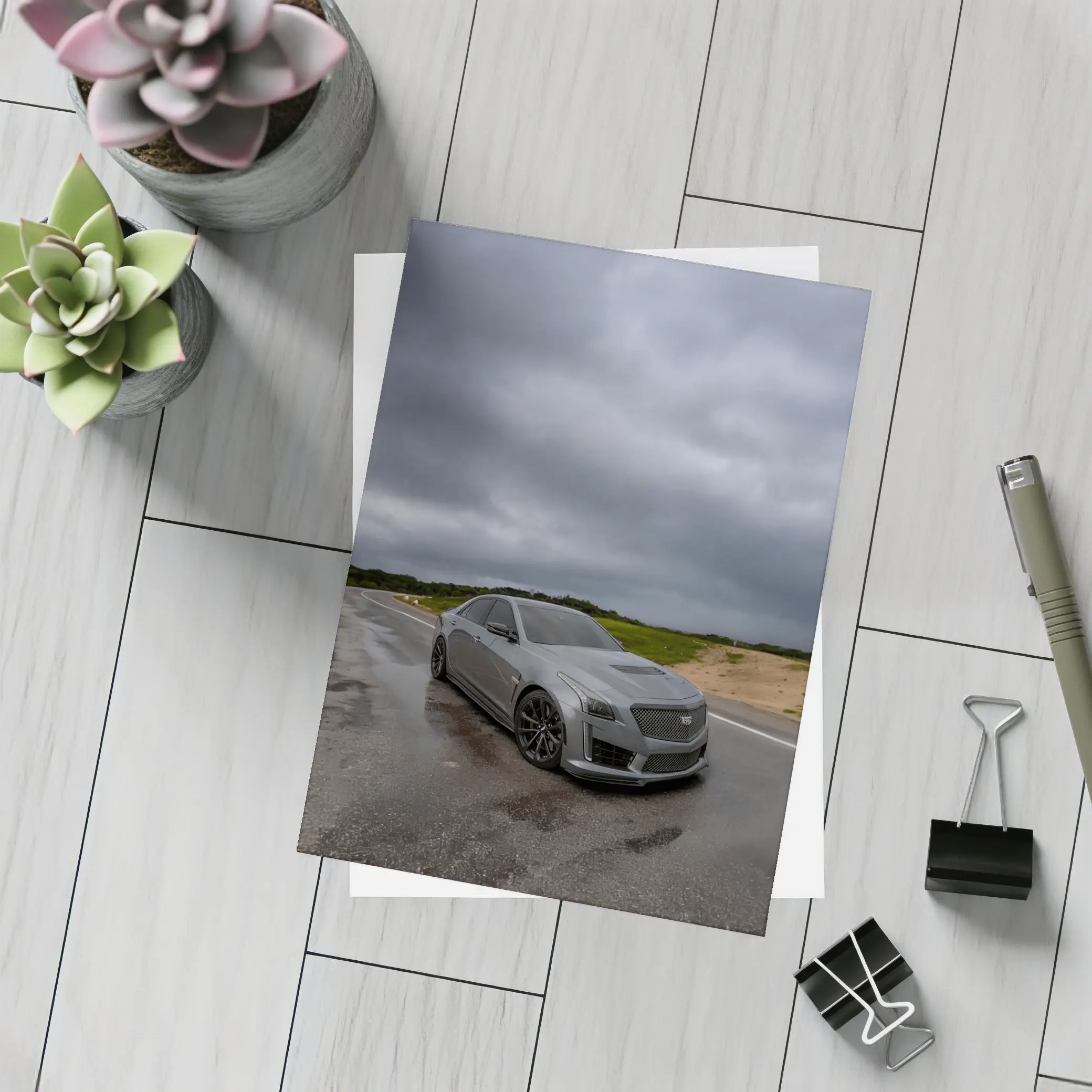 Cadillac CTS Gray Sedan Stormy Road – Postcards