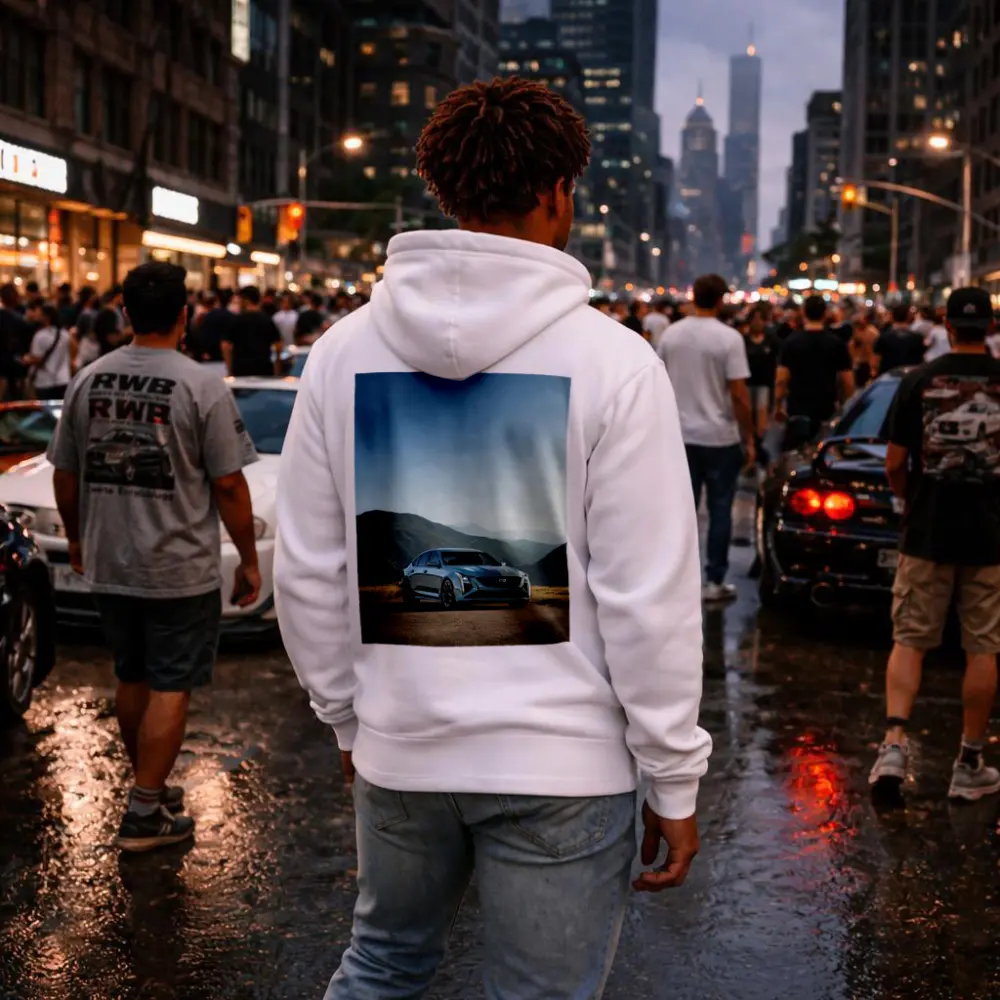Cadillac CT5 Silver Sedan Mountain Road – Hoodies