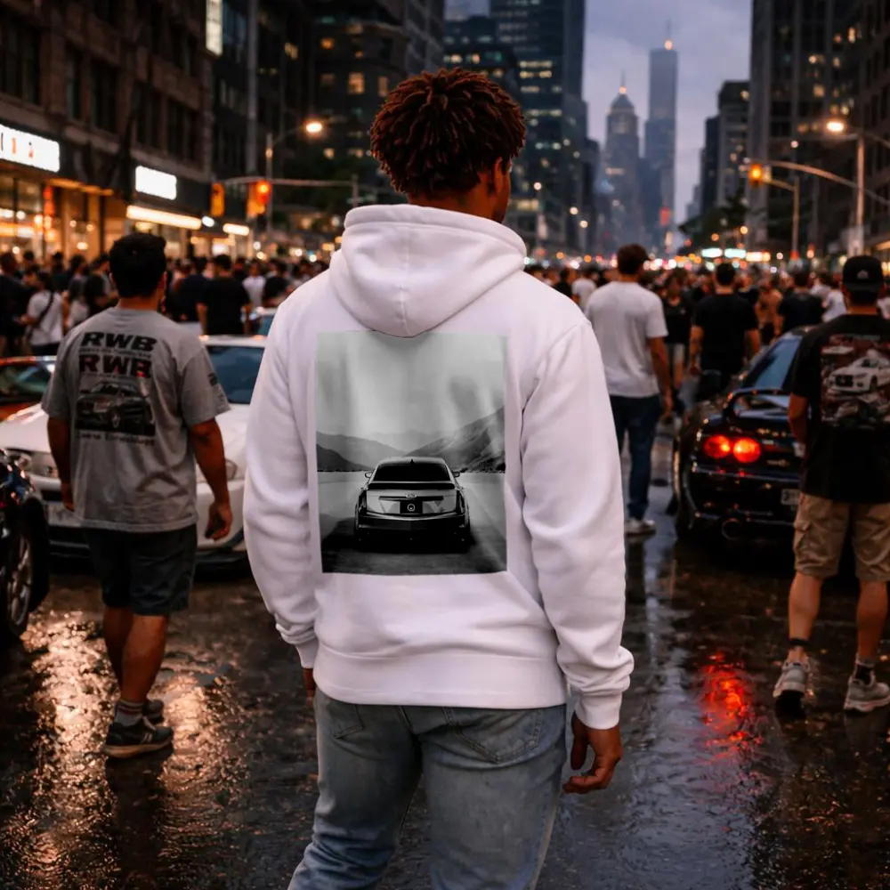 Cadillac CT5 Rear View Mountain Backdrop – Hoodies