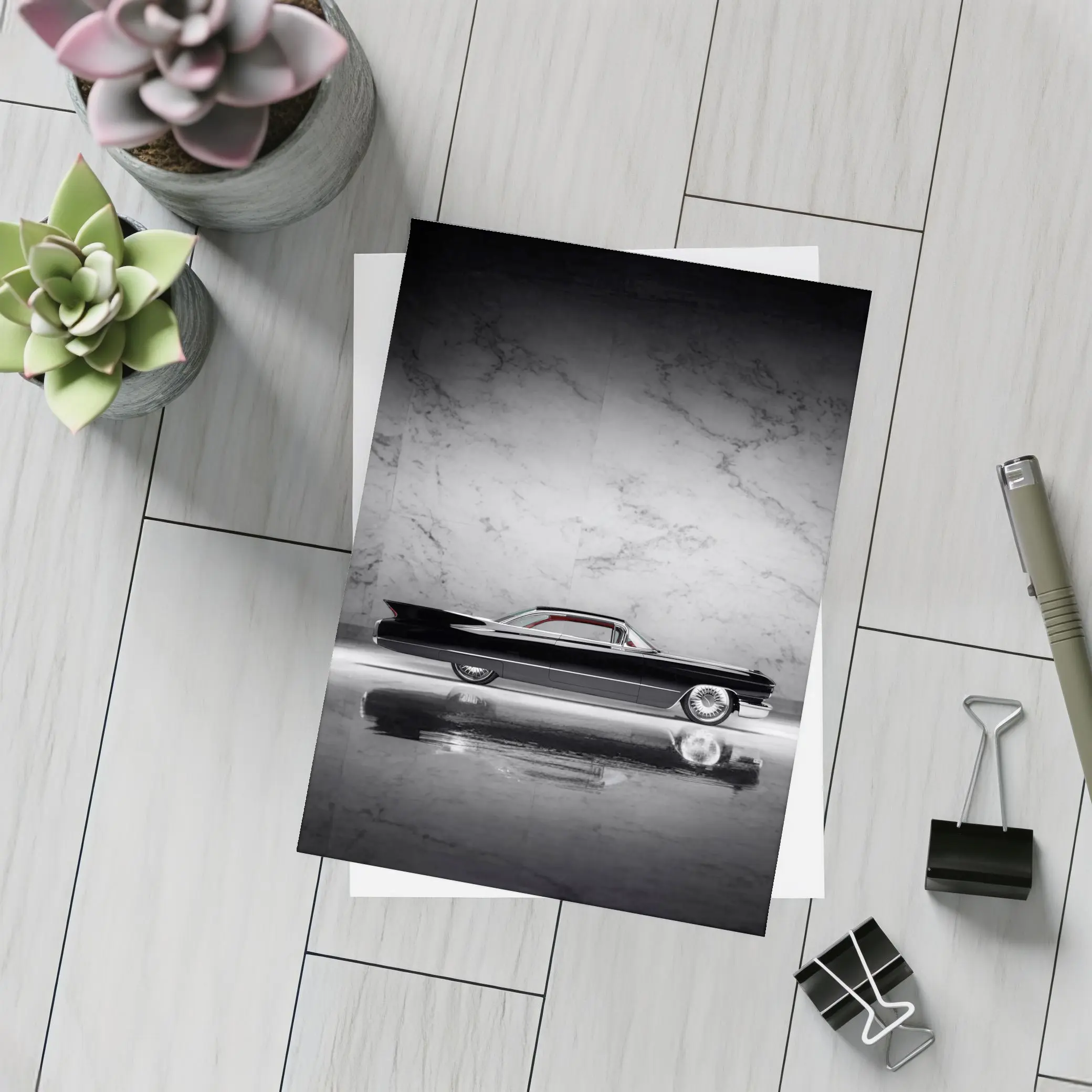 Classic Black Cadillac Marble Studio Side Profile – Postcards