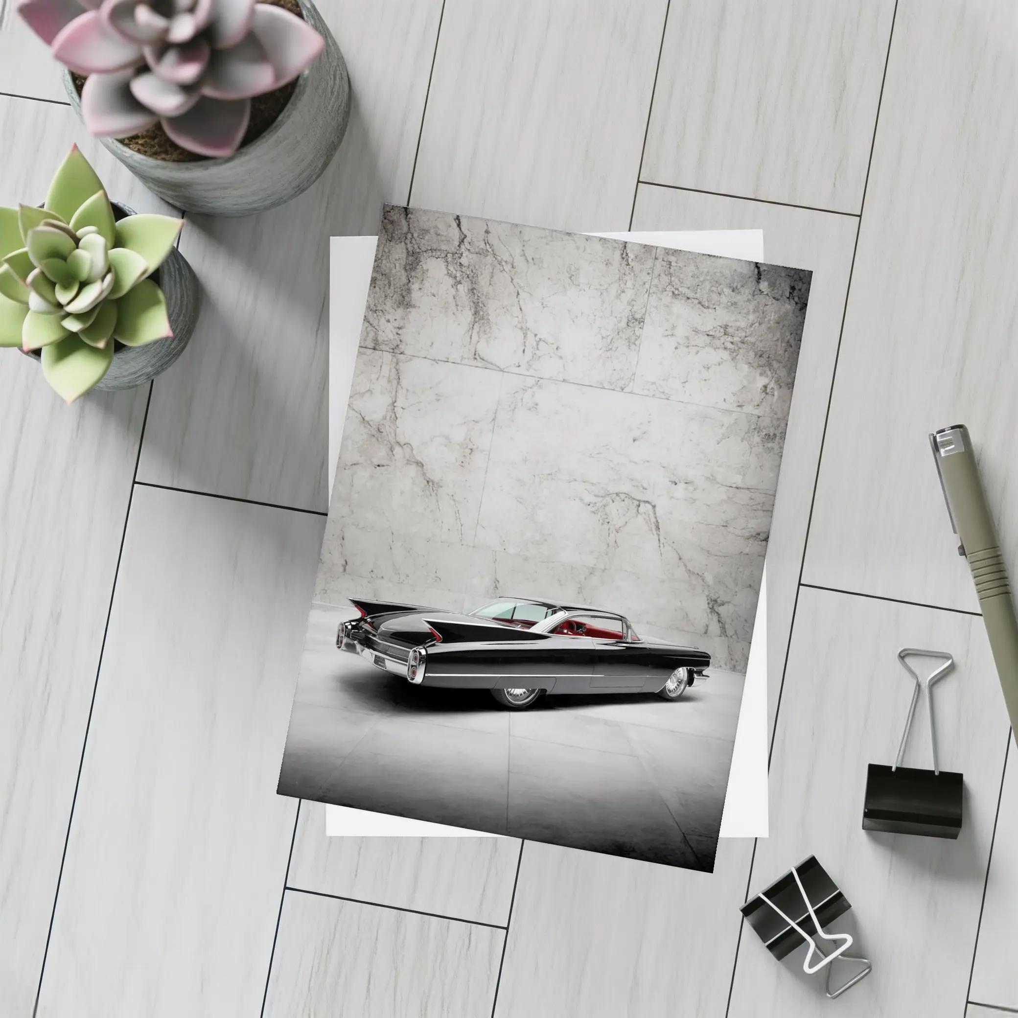 Black Cadillac Classic Car Marble Wall Background – Postcards